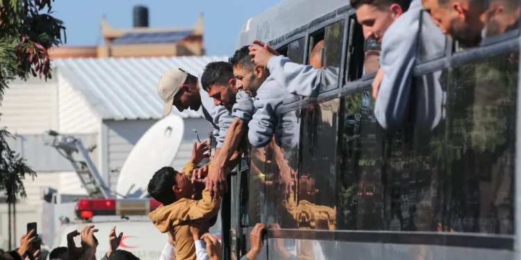 Los terroristas presos palestinos liberados por Israel como parte de un acuerdo de alto el fuego con Hamás son recibidos por sus familiares a su llegada en autobús al hospital europeo de Jan Yunis el 1 de febrero de 2025. (Eyad Baba / AFP)