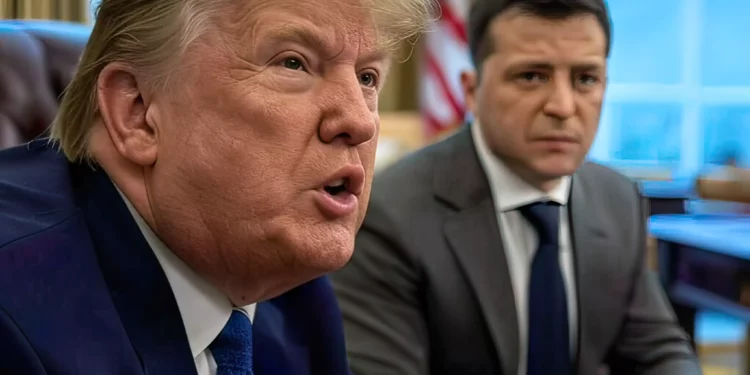 Genera una imagen hiperrealista siguiendo esta descripción detallada Una escena en un salón lujoso, similar al Despacho Oval, donde Donald Trump y Volodymyr Zelensky están frente a frente, capturados en un momento de tensión. Trump, con una expresión de frustración evidente, domina la escena. Su rostro muestra cejas fruncidas, ojos entrecerrados con una mirada intensa y desafiante, y la boca semiabierta, como si estuviera a punto de hablar con firmeza. Su piel tiene texturas realistas poros visibles, arrugas marcadas en la frente y alrededor de los ojos, y un ligero brillo en la frente que sugiere agitación. Su cabello, característico, tiene un tono dorado claro con reflejos naturales, peinado hacia atrás con mechones individuales definidos. Zelensky, en contraste, aparece significativamente más pequeño en la composición, tanto en altura como en presencia física. Su rostro muestra una expresión de preocupación y cautela, con las cejas ligeramente levantadas, los ojos abiertos y una mirada que combina resistencia y ansiedad. Su piel tiene un tono más claro, con detalles de textura fina y sombras sutiles bajo los pómulos. Su cabello, corto y despeinado, tiene un tono castaño oscuro con reflejos naturales bajo la luz ambiental. La diferencia de tamaño entre ambos líderes es exagerada para enfatizar la dinámica de poder Trump parece imponente, con una postura erguida y un traje oscuro que acentúa su figura robusta, mientras que Zelensky, vestido con un traje más sencillo en tonos claros, parece casi frágil en comparación. El entorno es lujoso pero sobrio, con detalles como cortinas pesadas, un escritorio de madera pulida y banderas de EE.UU. y Ucrania en el fondo. La iluminación es cálida pero direccional, proveniente de una lámpara de mesa que proyecta sombras profundas y resalta las expresiones faciales. La paleta de colores combina tonos oscuros (traje de Trump, cortinas) con toques de azul y amarillo (banderas y detalles del entorno), creando un contraste visual que refuerza la tensión. El ambiente debe transmitir una sensación de confrontación y desequilibrio, con un enfoque en los rostros y sus expresiones, que cuentan la historia de frustración y resistencia.