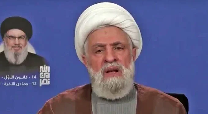 El secretario general de Hezbolá, Naim Qassem, pronuncia un discurso televisado el 14 de diciembre de 2024. (Captura de pantalla de Press TV: utilizada de conformidad con la cláusula 27a de la Ley de Derechos de Autor)