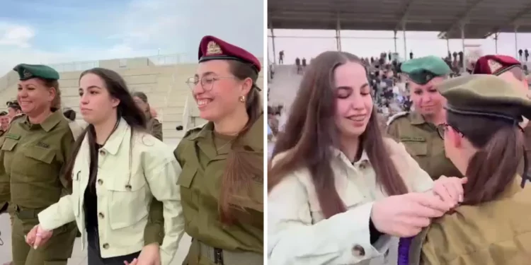 La ex soldado rehén Agam Berger asiste a una ceremonia de las Fuerzas de Defensa de Israel para su hermana Bar, quien completó un curso militar, el 3 de febrero de 2025. (FDI)