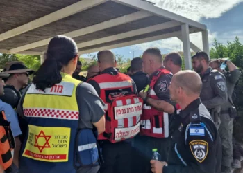 Paramédicos y policías en el lugar del incendio que se declaró en la Reserva Natural de Ein Prat el 27 de abril de 2025. (Magen David Adom)
