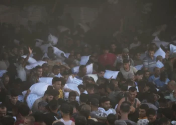 Palestinos cargan sacos de harina tras asaltar un almacén del Programa Mundial de Alimentos de la ONU en Zawaida, en el centro de la Franja de Gaza, el miércoles 28 de mayo de 2025. (Foto AP/Abdel Kareem Hana)
