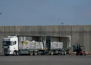 Un trabajador descarga un camión con ayuda humanitaria para la Franja de Gaza en el cruce fronterizo de Kerem Shalom, entre Israel y Gaza, el 22 de mayo de 2025. (Foto AP/Leo Correa)