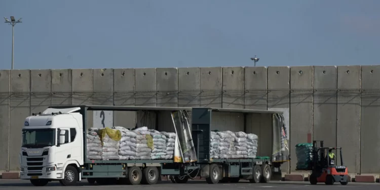 Un trabajador descarga un camión con ayuda humanitaria para la Franja de Gaza en el cruce fronterizo de Kerem Shalom, entre Israel y Gaza, el 22 de mayo de 2025. (Foto AP/Leo Correa)