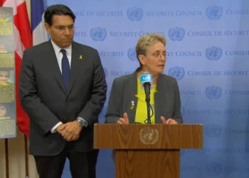 Leah Goldin, madre del teniente Hadar Goldin, cuyo cuerpo se encuentra en Gaza desde 2014, ofrece una declaración a la prensa en el Consejo de Seguridad de la ONU, acompañada por el embajador de Israel ante la ONU, Danny Danon, el 15 de mayo de 2025. (Captura de pantalla, UN Web TV)