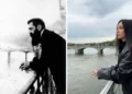 Theodor Herzl en un balcón de Basilea en 1901; Yuval Raphael recrea la imagen el 16 de mayo de 2025. (Archivo Bettman; Nitzan Livnat/Kan)