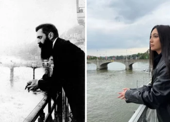 Theodor Herzl en un balcón de Basilea en 1901; Yuval Raphael recrea la imagen el 16 de mayo de 2025. (Archivo Bettman; Nitzan Livnat/Kan)