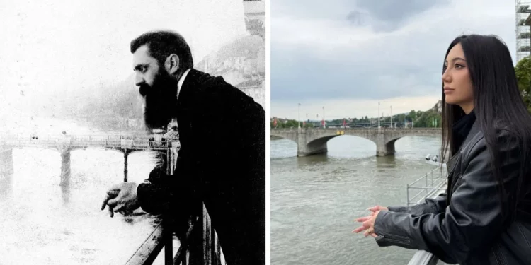 Theodor Herzl en un balcón de Basilea en 1901; Yuval Raphael recrea la imagen el 16 de mayo de 2025. (Archivo Bettman; Nitzan Livnat/Kan)