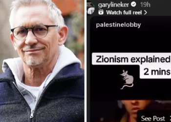 Gary Lineker (izquierda) y la publicación que compartió, 12 de mayo de 2025. (Foto combinada vía UK Jewish News)