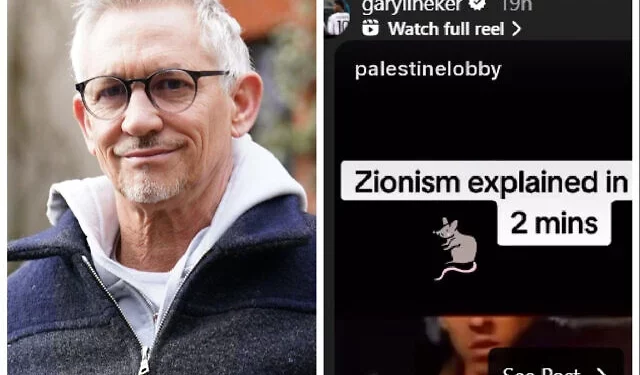 Gary Lineker (izquierda) y la publicación que compartió, 12 de mayo de 2025. (Foto combinada vía UK Jewish News)