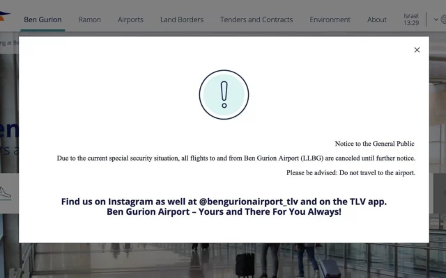 Israel cierra aeropuerto Ben Gurion tras ofensiva contra Irán