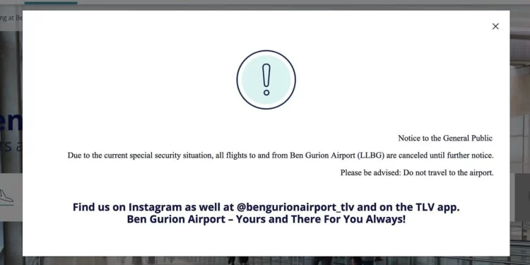 Israel cierra aeropuerto Ben Gurion tras ofensiva contra Irán
