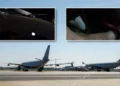 Avión Voyager en la pista de la RAF Brize Norton. (Crédito de la imagen: Crown Copyright). Recuadros: Fotogramas del video publicado por el grupo de protesta Palestine Action que muestra su objetivo de los aviones Voyager. (Crédito de la imagen: Palestine Action)