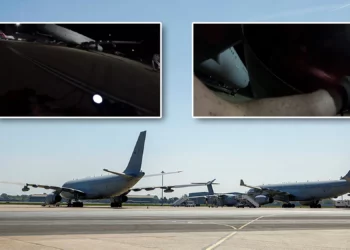 Avión Voyager en la pista de la RAF Brize Norton. (Crédito de la imagen: Crown Copyright). Recuadros: Fotogramas del video publicado por el grupo de protesta Palestine Action que muestra su objetivo de los aviones Voyager. (Crédito de la imagen: Palestine Action)