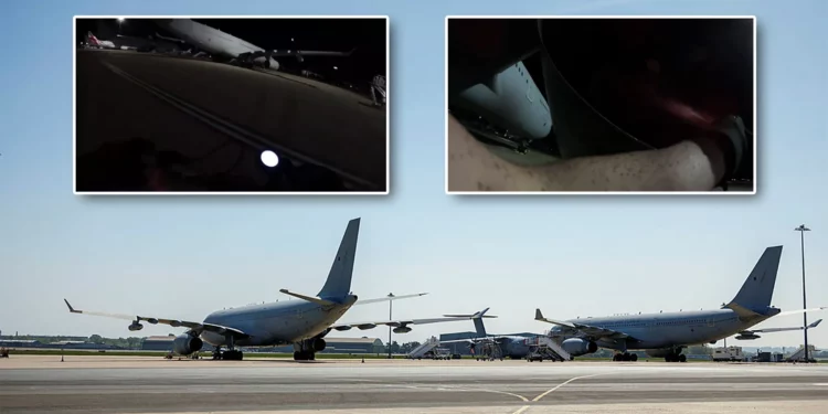 Avión Voyager en la pista de la RAF Brize Norton. (Crédito de la imagen: Crown Copyright). Recuadros: Fotogramas del video publicado por el grupo de protesta Palestine Action que muestra su objetivo de los aviones Voyager. (Crédito de la imagen: Palestine Action)