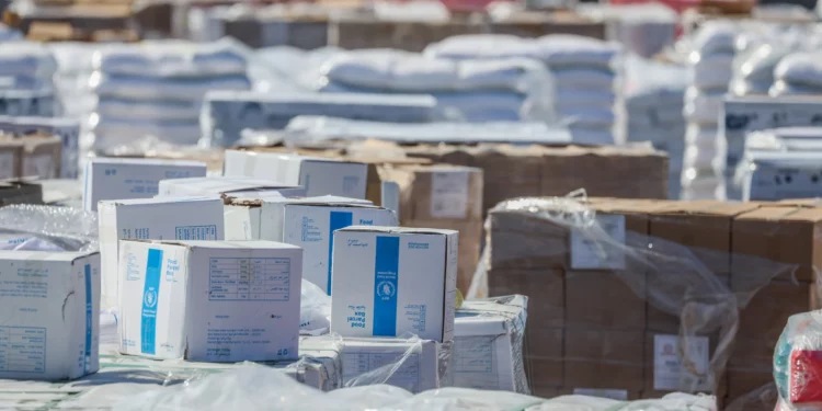 Ayuda humanitaria a la Franja de Gaza en el cruce fronterizo de Kerem Shalom, en el lado israelí de la frontera con la Franja de Gaza, 29 de mayo de 2025. (Flash90)