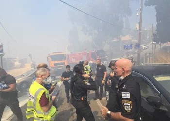 La policía evacua a los residentes de la zona de un incendio forestal en el barrio de Halisa, en Haifa, el 29 de junio de 2025. (Policía de Israel)