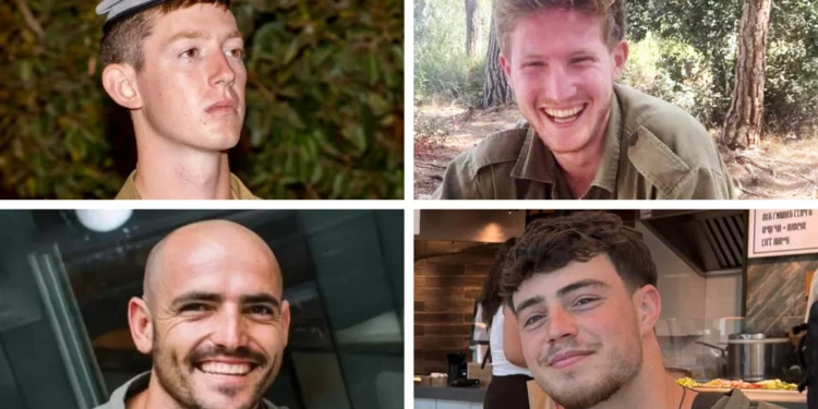 En el sentido de las agujas del reloj, desde arriba a la izquierda: Soldados de las FDI: Sargento Yoav Raver, Sargento Uri Yhonatan Cohen, Sargento de Primera Clase Tom Rotstein y Sargento Mayor (res.) Chen Gross, quienes murieron en Gaza el 6 de junio de 2025. (Fuerzas de Defensa de Israel)