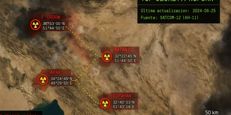 **Imagen Satelital de Inteligencia: Instalaciones Nucleares de Irán** **Formato:** 16:9 (1920x1080px) | **Estilo:** Hiperrealista, técnico-militar --- ### **1. Base de la Imagen (Foto Satelital Auténtica)** - **Territorio visible:** Topografía de Irán (desiertos orientales #C2B280, cadenas montañosas #5A5A5A, costa del Caspio #1E90FF). - **Resolución:** Alta definición (0.5m/píxel simulados), con sombras de nubes estratégicas (#808080 al 15%). - **Hora del día:** Mediodía (sombras cortas, iluminación cenital #FFFFFF). --- ### **2. Marcadores de Instalaciones Nucleares (4 sitios)** Cada marcador incluye: - **Círculo rojo** (#FF0000) con borde blanco (#FFFFFF) y grosor de 3px. - **Etiqueta técnica** en tipografía *Courier New Bold*: - Coordenadas (ej: **32°22'45"N 51°44'50"E**). - Código de instalación (ej: **IR-NAT-004**). - Icono de peligro nuclear (☢) en amarillo #FFD700. **Ubicaciones clave marcadas:** 1. **Fordow (Qom)** - Enterrado en montañas (área de exclusión sombreada #8B0000 al 20%). 2. **Natanz** - Patrón hexagonal de edificios (resaltado con filtro térmico #FF4500). 3. **Arak** - Complejo industrial con torres de refrigeración (textura de hormigón #A9A9A9). 4. **Isfahán** - Planta de conversión de uranio (rastros de actividad logística: camiones #696969). --- ### **3. Elementos de Inteligencia Superpuestos** - **Leyenda:** Cuadro en esquina inferior derecha con: - Escala gráfica (0-50km, en blanco #FFFFFF). - Sello **"TOP SECRET//NOFORN"** en rojo #8B0000. - **Líneas de distancia:** Entre instalaciones (amarillo #FFFF00, trazo discontinuo). - **Datos técnicos:** Barra lateral con: - **"Última actualización: 2024-06-25"**. - **"Fuente: SATCOM-12 (KH-11)"**. --- ### **4. Efectos de Realismo** - **Difuminado estratégico:** Zonas fuera de Irán desenfocadas (Gaussian Blur 5%). - **Ruido digital:** Granulado sutil (2% intensidad) para simular sensor óptico. - **Filtro térmico:** Parches de calor en instalaciones (#FF0000 al 10%). --- ### **Paleta de Colores** | Elemento | Color (HEX) | |----------|------------| | **Terreno desértico** | #C2B280 | | **Marcadores rojos** | #FF0000 | | **Texto técnico** | #00FF00 (verde matriz) | | **Sombra de nubes** | #696969 | --- ### **Estilo Técnico** - **Inspiración:** Imágenes desclasificadas de la CIA + interfaz de *Google Earth Pro*. - **Detalles críticos:** - Coordenadas geográficas precisas (usar datos reales de OSINT). - Tipografía monoespaciada (estilo informe militar). **Ejemplo visual aproximado:** > Un mapa satelital nítido de Irán, con 4 zonas clave encerradas en círculos rojos, líneas de conexión amarillas y sellos de seguridad. Textos técnicos en verde fosforescente sobre fondo negro. **Nota:** - - **Objetivo:** Parecer una captura real de inteligencia satelital.