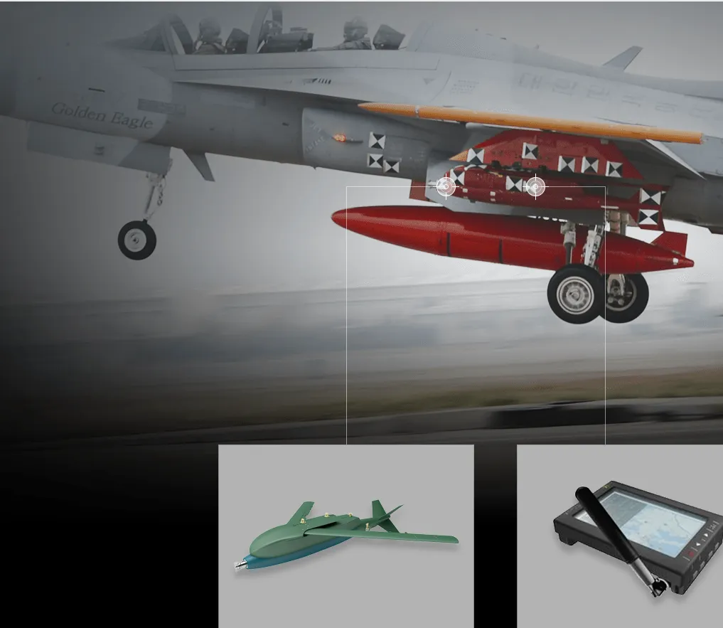 En una imagen, se observa un FA-50 Golden Eagle de la RoKAF en pruebas con el KGGB. Un recuadro adicional muestra una representación del kit, y otro muestra la unidad PDU utilizada para operar la bomba modificada. (Créditos: LIG Nex1)