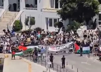 Una protesta antiisraelí y propalestina impide a cientos de israelíes desembarcar de un crucero en la isla griega de Siros, el 22 de julio de 2025 (captura de pantalla de redes sociales utilizada de conformidad con la Cláusula 27a de la Ley de Derechos de Autor).