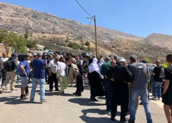 Drusos y otros se reúnen junto a la valla fronteriza con Siria en Majdal Shams el 17 de julio de 2025. (Diana Bletter/Times of Israel)