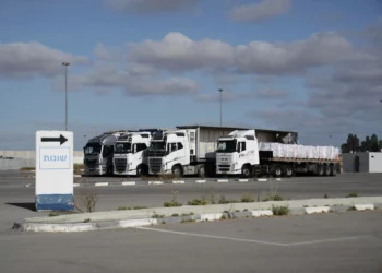 Camiones cargados con ayuda humanitaria para la Franja de Gaza se ven en el cruce de Kerem Shalom, en el sur de Israel, el 20 de mayo de 2025. (Foto AP/Maya Alleruzzo)