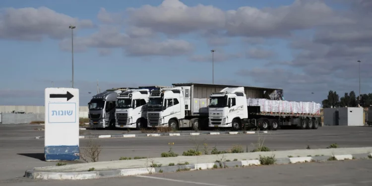 Camiones cargados con ayuda humanitaria para la Franja de Gaza se ven en el cruce de Kerem Shalom, en el sur de Israel, el 20 de mayo de 2025. (Foto AP/Maya Alleruzzo)