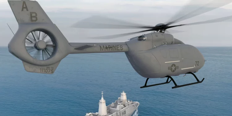 Rendición de un MQ-72C volando sobre un buque de guerra de la Marina de Estados Unidos. (Crédito de la imagen: Airbus)