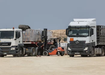 Trabajadores descargan un camión en Beit Hanoun, en el norte de la Franja de Gaza, con ayuda humanitaria entregada desde Jordania a este territorio costero a través del cruce fronterizo de Erez con Israel, el 1 de mayo de 2024. (Jack Guez/AFP)