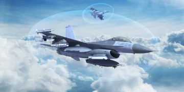 Una interpretación que muestra a los F-16 volando con sistemas de guerra electrónica Viper Shield. (Crédito de la imagen: L3Harris)
