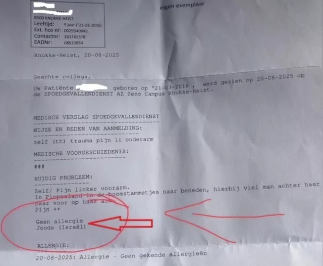 Hospital belga suspende a médico por anotar origen judío de niña como “condición médica”