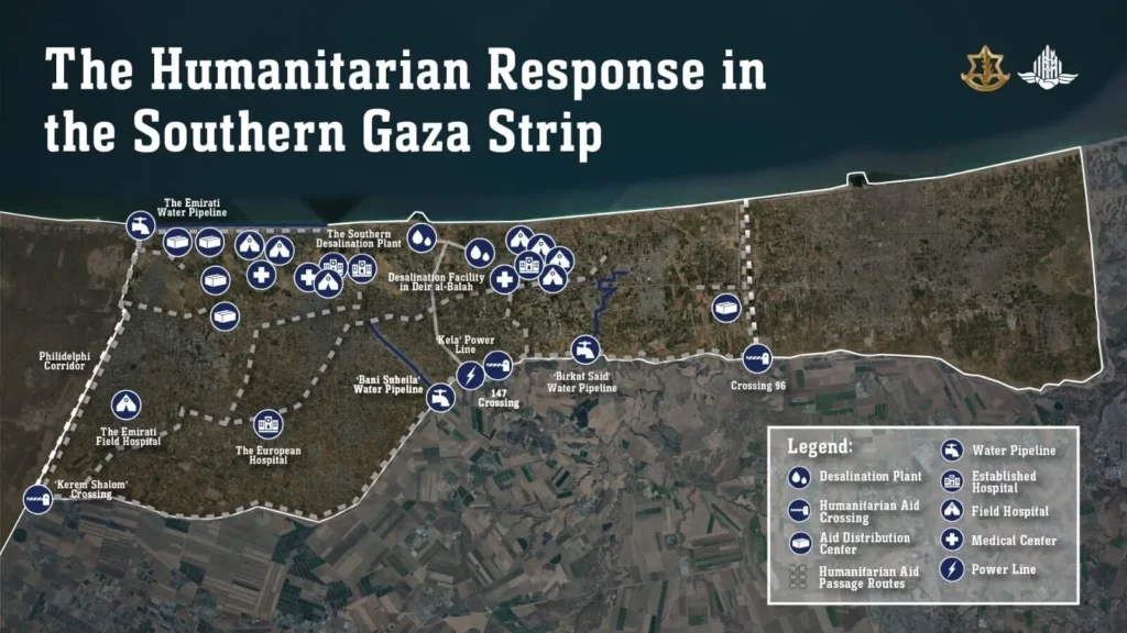Un gráfico de las FDI que muestra la infraestructura humanitaria de Israel en el sur de Gaza, mientras se insta a los residentes de la ciudad de Gaza a evacuar hacia el sur, el 6 de septiembre de 2025. (Fuerzas de Defensa de Israel) 
