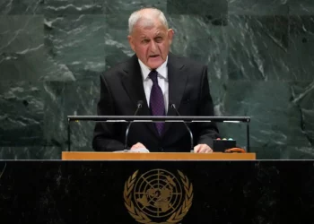 El presidente iraquí, Abdul Latif Rashid, se dirige al 80.º periodo de sesiones de la Asamblea general de las Naciones Unidas, el 23 de septiembre de 2025, en la sede de la ONU en Nueva York. (Foto AP/Pamela Smith)