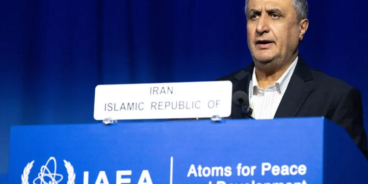 Mohammad Eslami, director de la Organización de Energía Atómica de Irán (OEAI), habla durante la 69.ª sesión plenaria ordinaria del Organismo Internacional de Energía Atómica (OIEA) en su sede de Viena, Austria, el 15 de septiembre de 2025. (Joe Klamar/AFP)