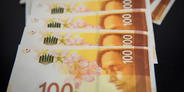 Ilustrativo: Billetes de 100 shekels, vistos el 31 de diciembre de 2017. (Nati Shohat/Flash90)