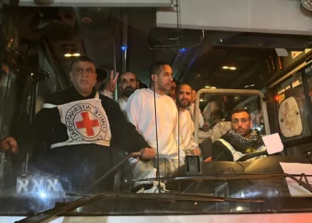 Ilustración: terroristas palestinos presos, liberados por Israel, hacen un gesto al llegar en autobús al Hospital Europeo de Jan Yunis, en el sur de la Franja de Gaza, la madrugada del 27 de febrero de 2025. (Foto: AFP)