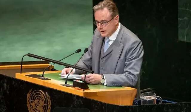 Belgium's Prime Minister Bart De Wever speaks during a high-profile meeting at the United Nations aimed at galvanizing support for a two-state solution to the Israel-Palestinian conflict, September 22, 2025, at UN headquarters. (AP Photo/Yuki Iwamura)