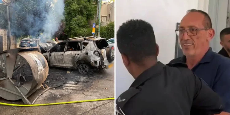 De izquierda a derecha: Un contenedor de reciclaje y un automóvil sufren graves daños tras el incendio del contenedor en Jerusalén, el 3 de septiembre de 2025. (Policía de Israel); El activista antigubernamental Amos Doron, sospechoso de incendiar contenedores de basura en Jerusalén, es escoltado fuera de su audiencia en el Tribunal de Magistrados de Jerusalén tras recibir la orden de permanecer bajo custodia policial el 4 de septiembre de 2025. (Captura de pantalla/X)