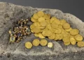 Un conjunto de 97 monedas de oro puro que datan de los siglos VI y VII d. C., desenterradas durante excavaciones arqueológicas en la antigua ciudad de Hippos (Susita), cerca del mar de Galilea, en un descubrimiento anunciado el 25 de septiembre de 2025. (Dr. Michael Eisenberg/Universidad de Haifa)