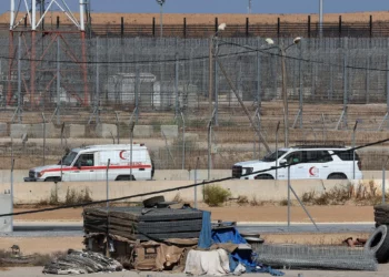 Ambulancias de la Media Luna Roja en el cruce de Kerem Shalom, entre el sur de Israel y la Franja de Gaza, el 29 de mayo de 2025 (Jack GUEZ / AFP)