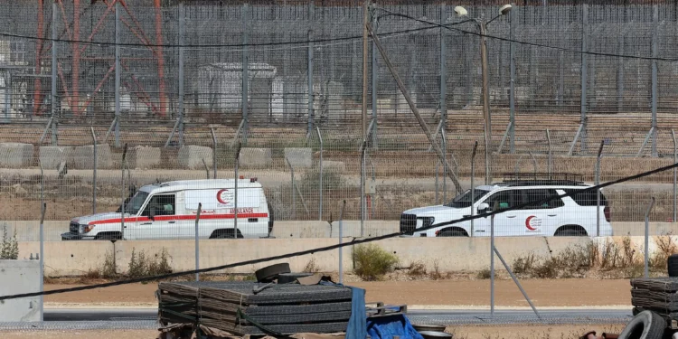 Ambulancias de la Media Luna Roja en el cruce de Kerem Shalom, entre el sur de Israel y la Franja de Gaza, el 29 de mayo de 2025 (Jack GUEZ / AFP)
