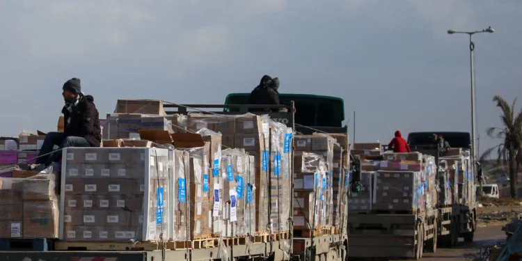 Camiones que transportan ayuda de la OMS (Organización Mundial de la Salud) se preparan para cruzar un puesto de control en la carretera Salah al-Din en al-Mughraqa, en el centro de la Franja de Gaza, el 13 de febrero de 2025. (Eyad BABA / AFP)