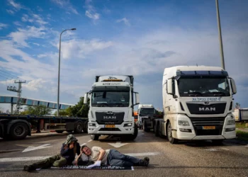 Ilustrativo: Activistas bloquean la entrada al puerto de Ashdod durante una protesta contra la entrada de camiones de ayuda a la Franja de Gaza, el 1 de febrero de 2024 (Foto de Chaim Goldberg/Flash90)