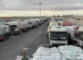 Camiones cargados con ayuda humanitaria están estacionados en el lado egipcio del cruce de Rafah, a la espera de acceder a la Franja de Gaza, el 12 de octubre de 2025. (AFP)