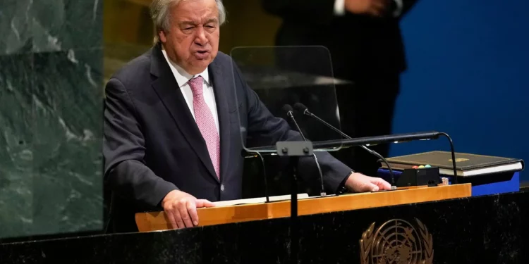 El secretario general de las Naciones Unidas, António Guterres, habla en la sede de las Naciones Unidas, el martes 9 de septiembre de 2025. (Foto AP/Seth Wenig)