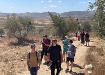 La gente marcha en el norte de Judea y Samaria, celebrando los 50 años de asentamientos en la región de Samaria, el 8 de octubre de 2025. (Jeremy Sharon/Times of Israel)