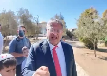 El ministro de Seguridad Nacional, Itamar Ben Gvir, habla en el Monte del Templo en Jerusalén durante la festividad de Sucot, el 8 de octubre de 2025. (Captura de pantalla/Oficina de Itamar Ben Gvir)