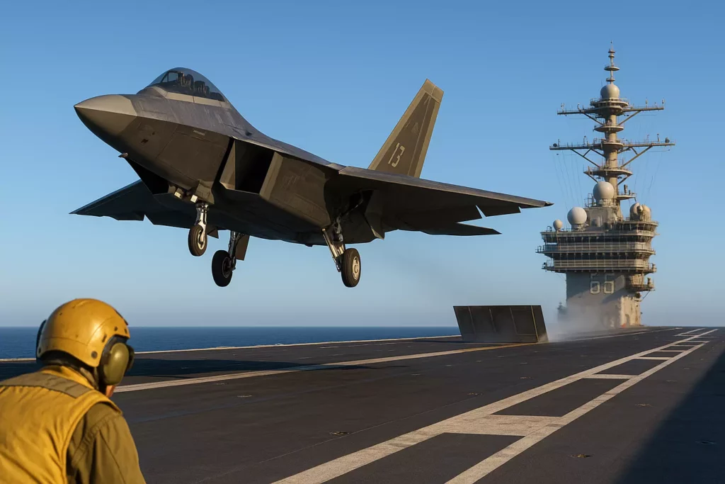 Genera una imagen hiperrealista en 16:9 siguiendo esta descripción detallada:
Un F-22 Sea Raptor, una variante naval del F-22 Raptor, inicia su despegue desde la cubierta de un portaaviones de clase Nimitz durante el amanecer. El avión está en la posición de la catapulta de vapor, con la barra de lanzamiento enganchada y la cubierta de la tobera del motor ligeramente abierta. La textura del avión está definida por su revestimiento de piel de tiburón, una superficie mate y ligeramente abultada que dispersa la luz de manera difusa, con paneles de composite de color gris oscuro que presentan sutiles variaciones de tono y micro-rayaduras por uso operativo. Los cantos de ataque del ala y las tomas de aire muestran un metal desnudo pulido, reflectante y con leves distorsiones.
El portaaviones, de cubierta angular, tiene una pista de aterrizaje marcada con líneas de color blanco brillante y amarillo, desgastadas y con residuos de pisadas de goma. La superficie es antideslizante, con una textura áspera de grano grueso, manchada con parches de óxido, huellas de neumáticos y pequeñas manchas de aceite hidráulico. Un jet blast deflector se eleva detrás del avión, su superficie reflectante de color gris cerámico tiene marcas de quemaduras y hollín acumulado.
El ambiente es húmedo y salino, con una ligera bruma marina que difumina la luz del amanecer. El cielo gradúa su color desde un naranja intenso y carmesí en el horizonte hasta un azul lavanda pálido en el cenit. Esta luz dorada del amanecer se refleja en las superficies metálicas y curvadas del fuselaje del F-22, creando highlights largos y brillantes, mientras que las áreas en sombra adquieren un tono azulado profundo y saturado. La estela de calor de los motores Pratt & Whitney F119 es visible como una distorsión sutil y ondulante del aire, sin el fuego exagerado de la postcombustión, solo una emisión de calor intensa y transparente.
En primer plano, un director de lanzamiento con un chaleco de color amarillo mostaza agachado en posición, sus gafas de protección reflejan la escena. El tejido de su chaleco es de un material grueso y texturizado, y su casco tiene una superficie de plástico lisa pero con arañazos. La iluminación es dinámica y direccional, con el sol bajo creando sombras largas y definidas que acentúan la profundidad y el volumen de cada elemento. El nivel de detalle es fotográfico, capturando la textura del concreto, el metal, los materiales compuestos y la atmósfera con un realismo crudo, incluyendo partículas de polvo y sal en suspensión en el aire, iluminadas por el sol rasante. La composición es de ángulo bajo para enfatizar la potencia y la inmensidad de la escena, con una profundidad de campo selectiva que mantiene nítido el avión y el primer plano, mientras el fondo del portaaviones y el océano se suavizan ligeramente.