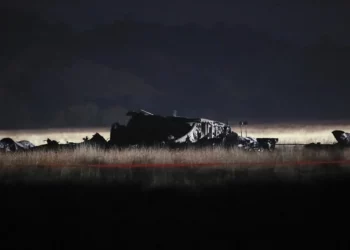 Se observan restos en el lugar del accidente de un avión de carga militar turco en el municipio de Sighnaghi, Georgia, cerca de la frontera con Azerbaiyán, el 12 de noviembre de 2025. (Foto AP/Zurab Tsertsvadze)